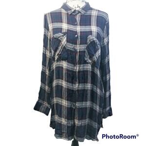 Hannah Blue Plaid RelaxedTunic Button Up Shirt L